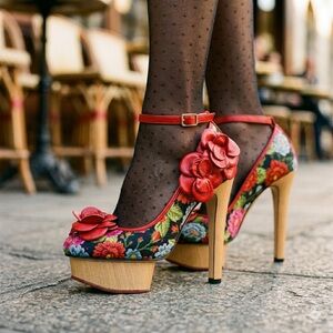Charlotte Olympia Floral 3D Rose Wood Platform Heel Pumps - US 6 (36)